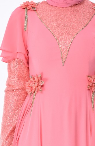 Çiçek Broşlu Abiye Elbise 7024-04 Mercan