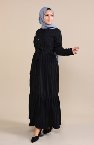 Büzgülü Kuşaklı Elbise 0009-05 Siyah