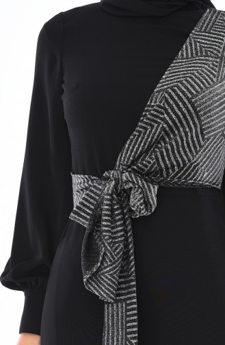 Yandan Bağlamalı Simli Elbise 8055-02 Siyah