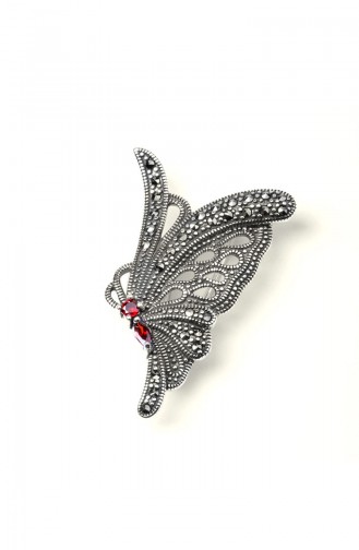 925 Sterling Silver Red Stone Butterfly Patterned Brooch Red 021