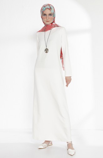 Kolyeli İki İplik Elbise 2779-24 Kırık Beyaz