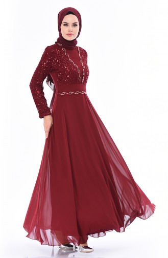 Claret Red Hijab Evening Dress 52759-05