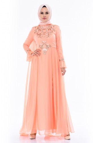 Salmon Hijab Evening Dress 4538-02