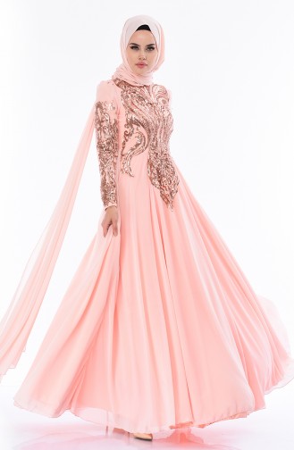 Salmon Hijab Evening Dress 5107-01