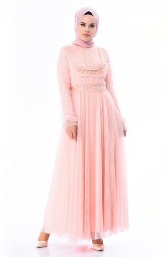 Salmon Hijab Evening Dress 5142-02