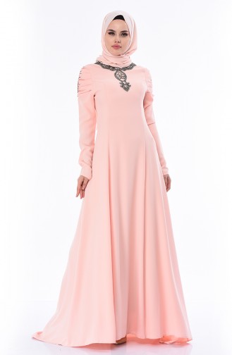 Salmon Hijab Evening Dress 7055-02