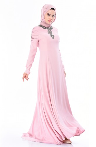 Powder Hijab Evening Dress 7055-03