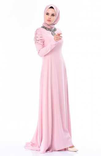 Powder Hijab Evening Dress 7055-03