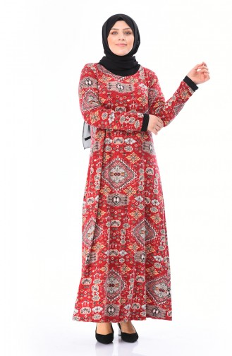 Büyük Beden Desenli Kuşaklı Elbise 4550A-01 Kırmızı