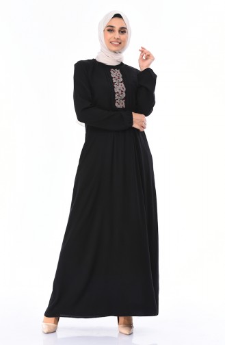 Kolu Lastikli Nakışlı Elbise 99201-01 Siyah