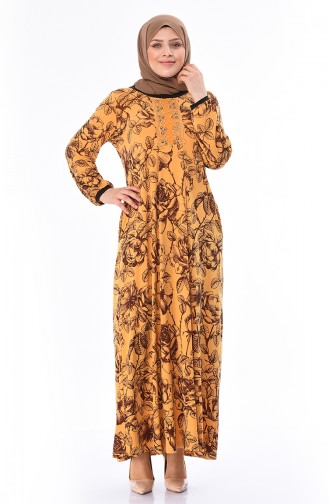 Büyük Beden Desenli Elbise 5Y3517505-01 Sarı