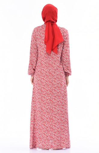 Viskon Desenli Elbise 0077-04 Kırmızı