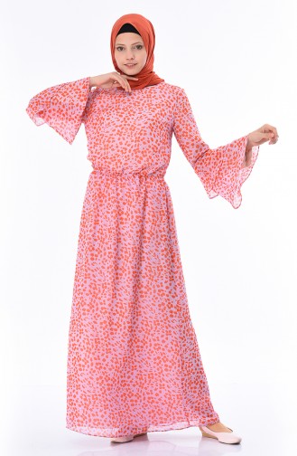 Robe a Motifs Manches élastique 60034-01 Poudre Corail 60034-01