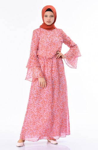 Robe a Motifs Manches élastique 60034-01 Poudre Corail 60034-01