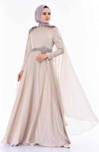 Beige Hijab Evening Dress 7061A-02