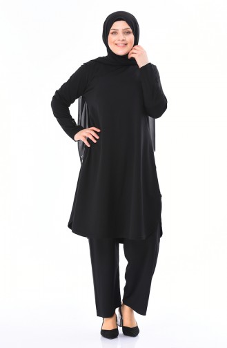 Plus Size Button Detailed Tunic Trousers Double Suit 2655-02 Black 2655-02