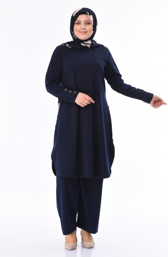 Plus Size Button Detailed Tunic Trousers Double Suit 2655-04 Navy Blue 2655-04