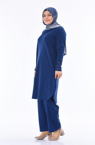 Plus Size Button Detailed Tunic Trousers Double Suit 2655-05 Indigo 2655-05