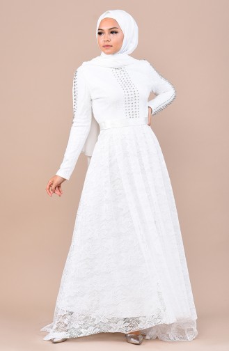White Hijab Evening Dress 8030-02