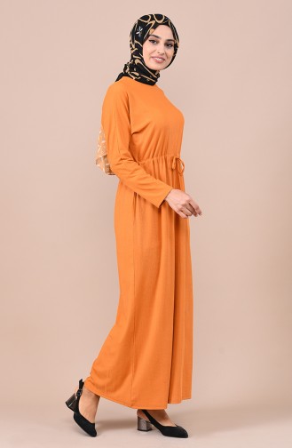 Yarasa Kol Beli Büzgülü Elbise 2249-06 Hardal