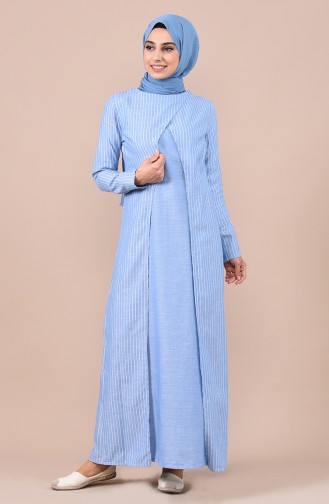 Takım Görünümlü Çizgili Elbise 9028-06 Mavi