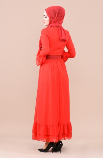 Kemerli Fırfırlı Elbise 4156-07 Kırmızı