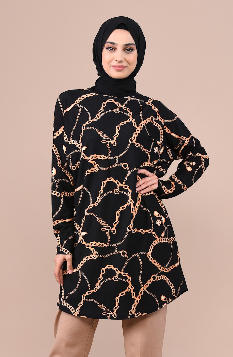 Zincir Desenli Tunik 1050-01 Siyah