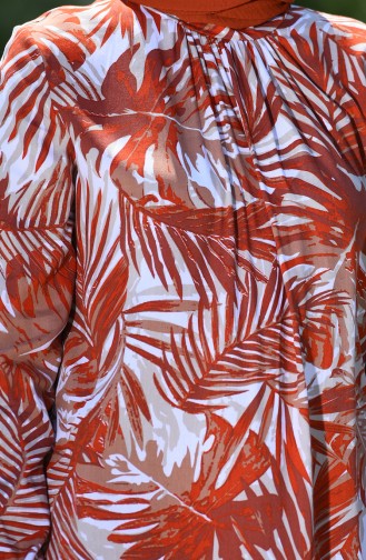 Palmiye Desenli Büzgülü Elbise 8000-02 Kiremit