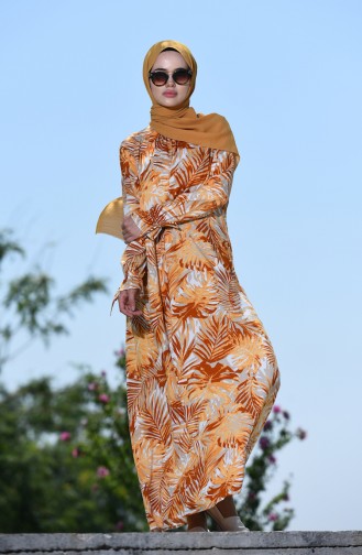 Palmiye Desenli Büzgülü Elbise 8000-03 Hardal
