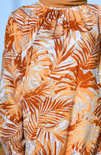 Palmiye Desenli Büzgülü Elbise 8000-03 Hardal