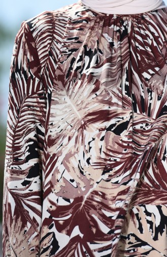 Palmiye Desenli Büzgülü Elbise 8000-04 Kahverengi