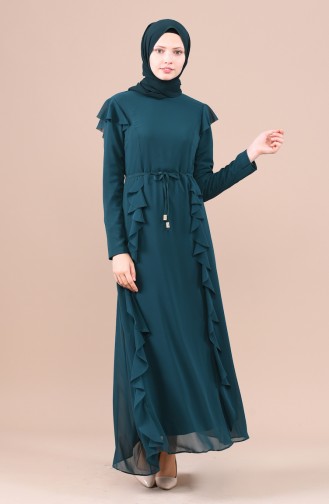 Fırfırlı Şifon Elbise 5021-07 Zümrüt Yeşili