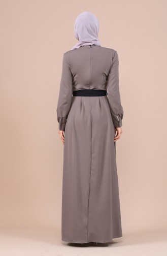 Pile Detaylı Kuşaklı Elbise 60037-01 Vizon