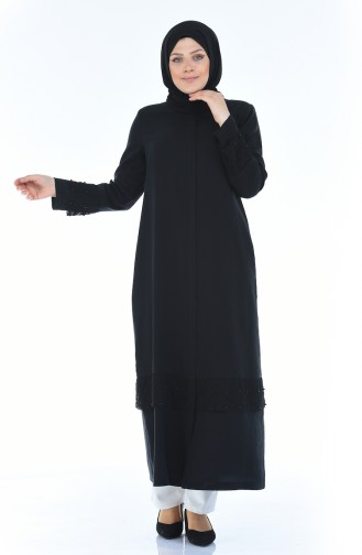 Abaya Perlées en Lin Grande Taille 0205-04 Noir 0205-04