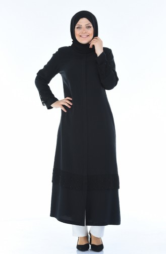 Abaya Perlées en Lin Grande Taille 0205-04 Noir 0205-04