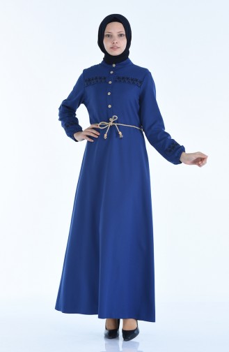 Nakışlı Elbise 4285-03 Mavi