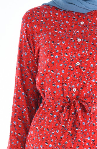 Boydan Düğmeli Desenli Elbise 0322-01 Kırmızı