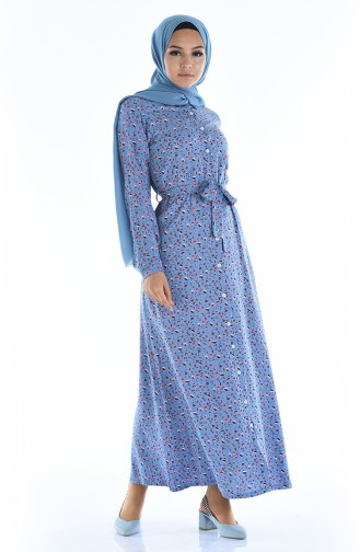 Boydan Düğmeli Desenli Elbise 0322-03 Buz Mavisi