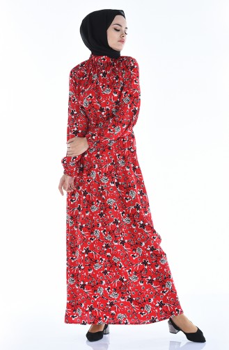 Gathered waist Patterned Dress 1046j-02 Red 1046J-02