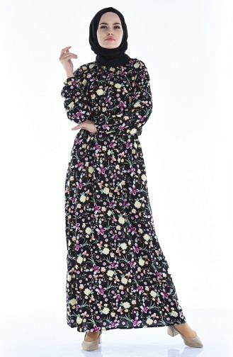 Gathered waist Patterned Dress 1046j-03 Black 1046J-03