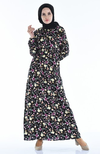 Gathered waist Patterned Dress 1046j-03 Black 1046J-03