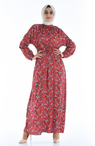 Robe a Motifs Taille Froncée 1046K-01 Rouge 1046K-01