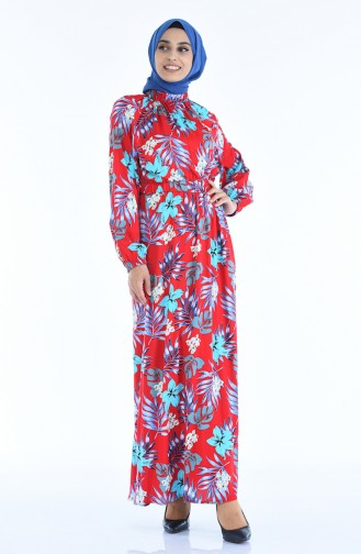 Robe a Motifs Taille Froncée 1046N-02 Rouge Bleu 1046N-02