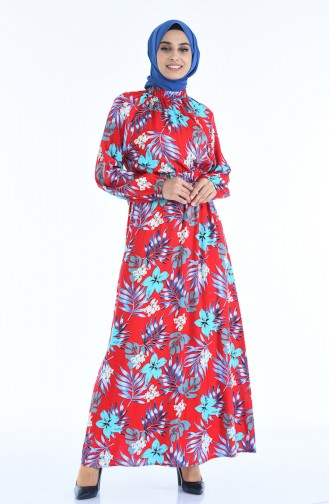 Robe a Motifs Taille Froncée 1046N-02 Rouge Bleu 1046N-02