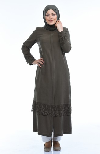 Abaya Perlées en Lin Grande Taille 0205-01 Khaki 0205-01
