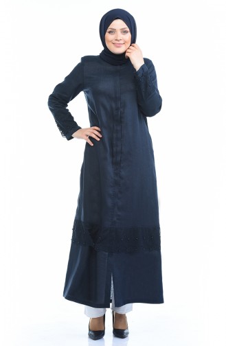 Abaya Perlées en Lin Grande Taille  0205-06 Bleu Marine 0205-06