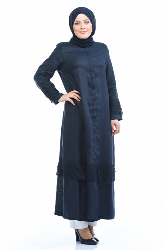 Abaya Perlées en Lin Grande Taille  0205-06 Bleu Marine 0205-06