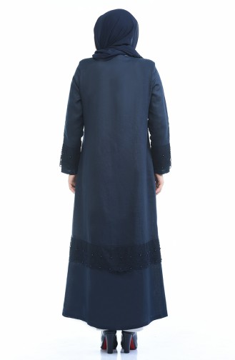 Abaya Perlées en Lin Grande Taille  0205-06 Bleu Marine 0205-06