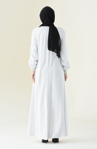 Kolu Lastikli Puantiyeli Elbise 8347-02 Beyaz