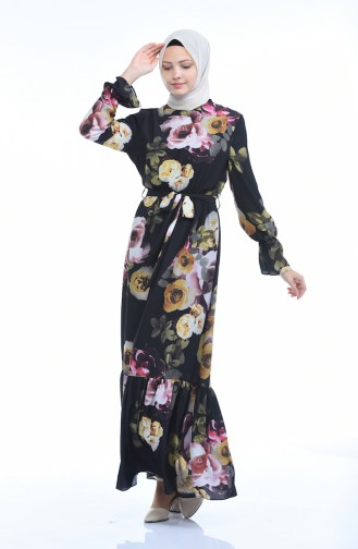 Çiçek Desenli Kuşaklı Elbise 60033-01 Siyah